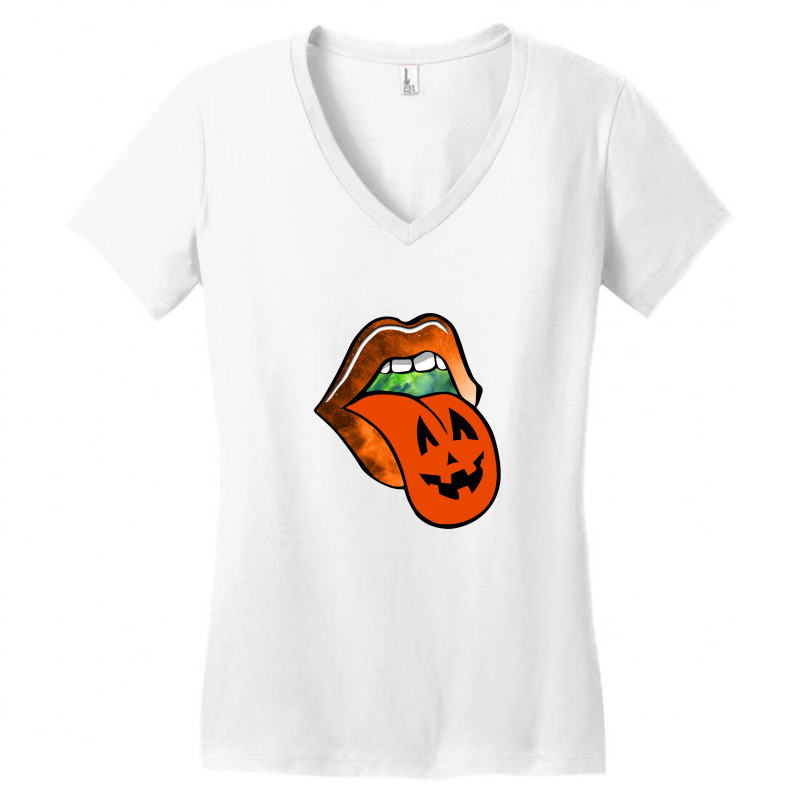 Lips With Tongue Out Pumkin Halloween Women's V-neck T-shirt | Artistshot