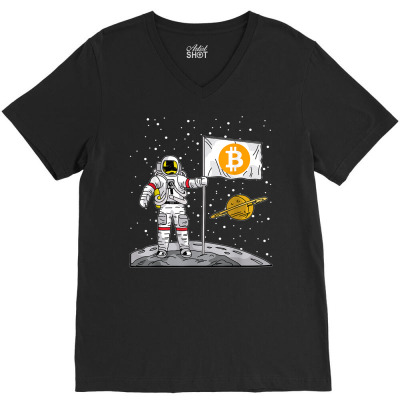 Bitcoin Astronaut To The Moon Blockchain V-neck Tee Designed By Bariteau Hannah