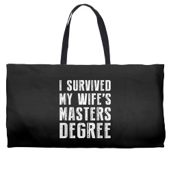 i survived my wife's masters degree graduation gifts friends t shirt Weekender Totes | Artistshot