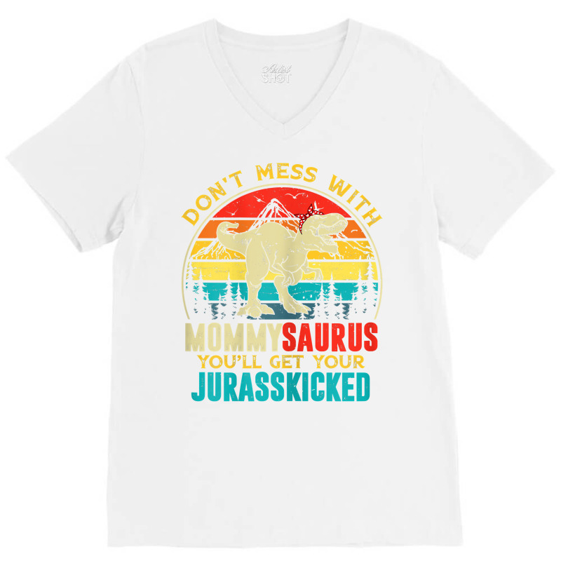 Womens Fun Women Retro Mommysaurus Dinosaur T Rex Mothers Day T Shirt V-neck Tee | Artistshot