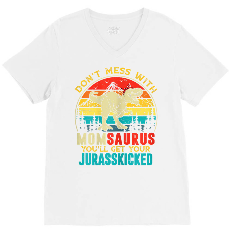Womens Fun Women Retro Momsaurus Dinosaur T Rex Mothers Day T Shirt V-neck Tee | Artistshot
