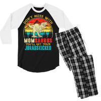 Womens Fun Women Retro Momsaurus Dinosaur T Rex Mothers Day T Shirt Men's 3/4 Sleeve Pajama Set | Artistshot