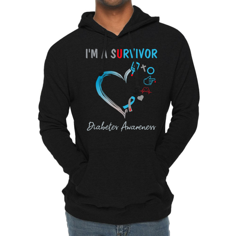 Diabetes Diabetic Im A Survivor Blue Ribbon Heart T1d 57 Diabetes Awar Lightweight Hoodie by offensejuggler | Artistshot