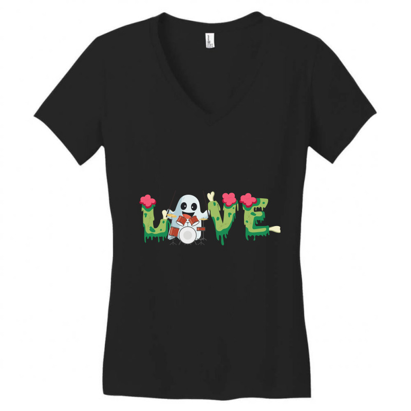 Love Musician Ghost Drummer Music Instruments  Halloween Holiday Gift Women's V-Neck T-Shirt by hoainv | Artistshot