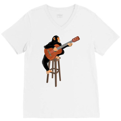 Chimpanzee Playing Acoustic Guitar. Funny Monkey Premium T Shirt V-neck Tee Designed By Enigmaa