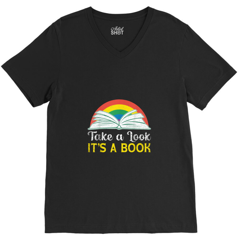 Take A Look It's In A Book Retro Rainbow Bookworms Reading V-Neck Tee by akinowiaya | Artistshot