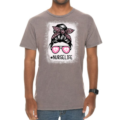 Nurse Life Bleached Shirts Pink Leopard Messy Bun Nurse Life T Shirt Vintage T-shirt Designed By Kretschmerbridge