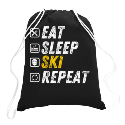 Eat Sleep Ski   Funny Alpine Skiing Gift, Winter Sports Drawstring Bags Designed By Jujunart