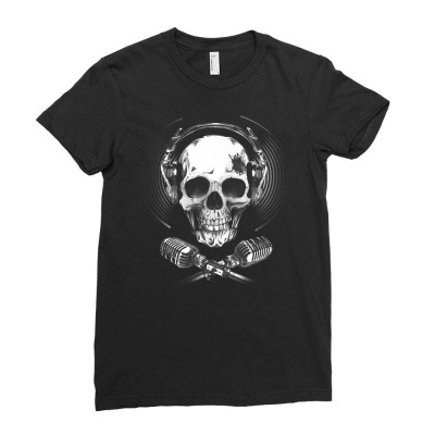 Skull Headphones   Music   Microphone   Singer Premium T Shirt Ladies Fitted T-shirt Designed By Vaughandoore01