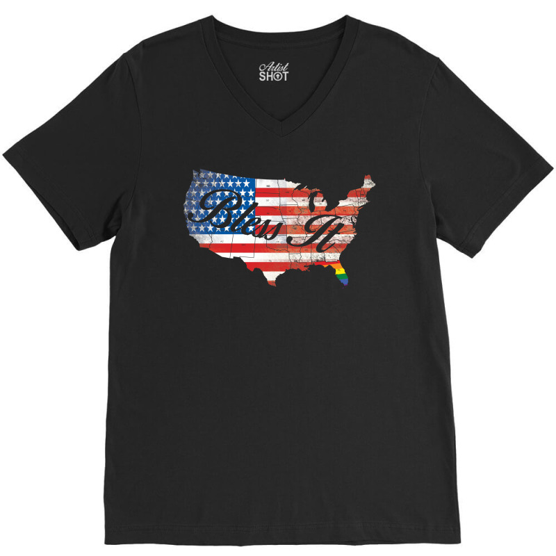 Bless It Usa Map 4th Of Jully Orlando Strong Pride V-neck Tee | Artistshot