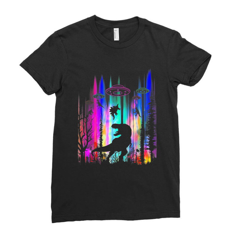 Alien Ufo T-rex Abduction Colorful Forest Ladies Fitted T-Shirt by Qudkin | Artistshot