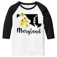 Womens Maryland Floral Black Eyed Susan Handwritten State Inspired Tan Youth 3/4 Sleeve | Artistshot