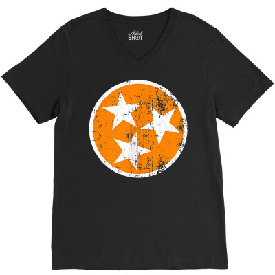 Distressed 3 Star Tn State Orange And White Tennessee Flag T Shirt V-neck Tee Designed By Saldeenshakir