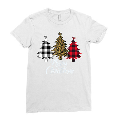 Christmas Tree Shirt Women White & Red Plaid Leopard Print T Shirt Ladies Fitted T-shirt Designed By Corn233