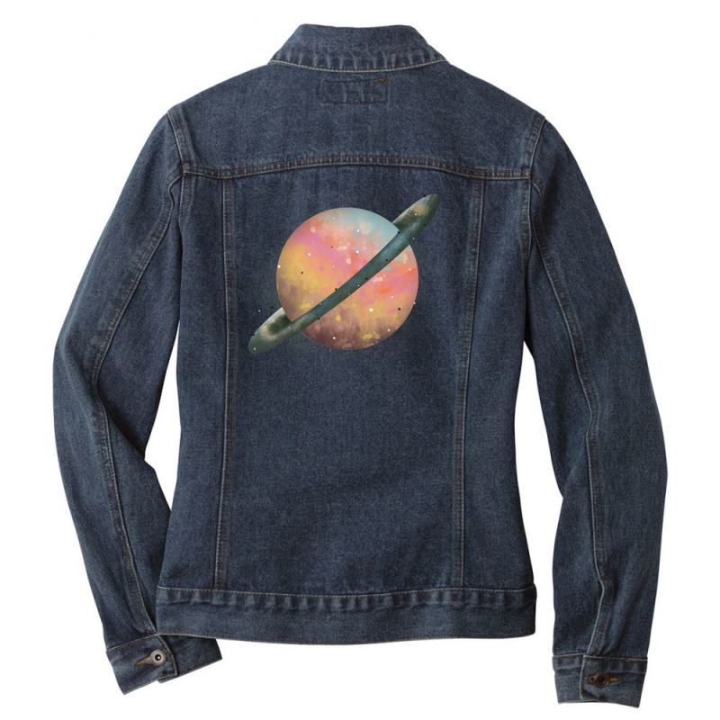 Saturn Watercolor Ladies Denim Jacket by autlu2024 | Artistshot