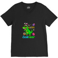 Happy Eastrawr Dinosaur With Bunny Ears And Eggs Basket V-neck Tee | Artistshot