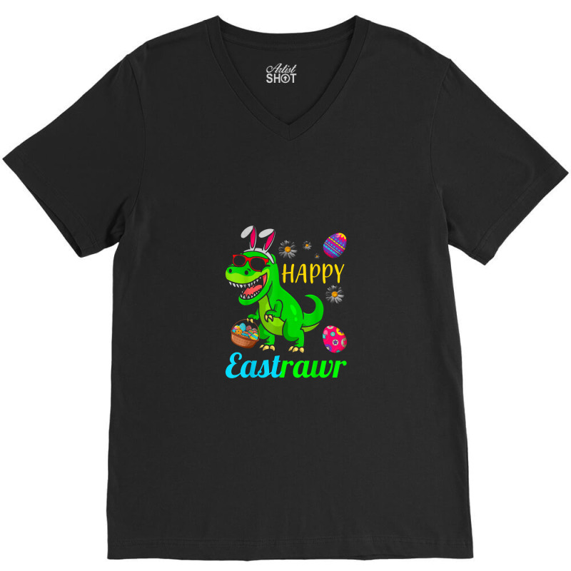 Happy Eastrawr Dinosaur With Bunny Ears And Eggs Basket V-Neck Tee by asilamiraty | Artistshot