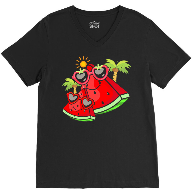 Watermelon T  Shirt Melon Sunglasses Exotic Summer Fruit Palm Trees Fu V-neck Tee | Artistshot