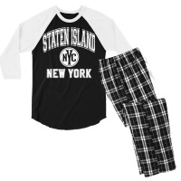 Staten Island New York Nyc Varsity Style Pink W White Print T Shirt Men's 3/4 Sleeve Pajama Set | Artistshot