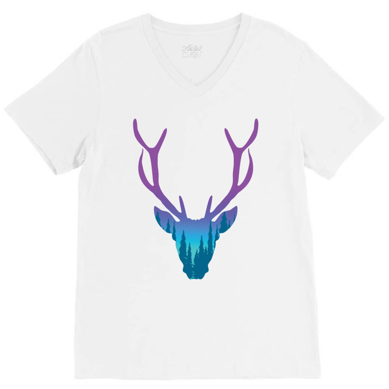 Deer With Night Forest Silhouette V-neck Tee | Artistshot