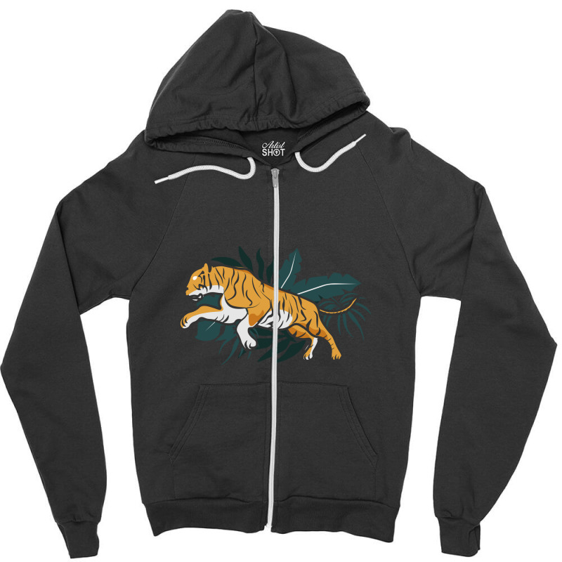 Yellow Tiger Jumping In A Forest Illustration Zipper Hoodie | Artistshot