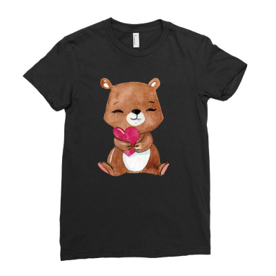 Sweet Brown Bear Cartoon Ladies Fitted T-shirt Designed By Coşkun