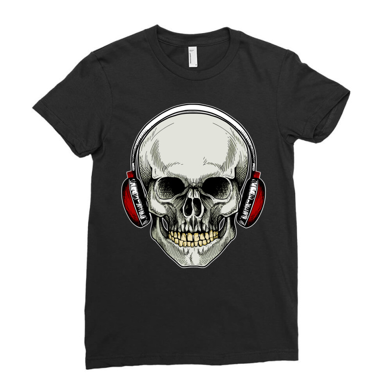 Skull Lover Skeleton Head Wearing Headphones Skulls Ladies Fitted T-Shirt by circularflap | Artistshot