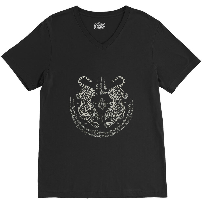 Sak Yant Thai Tattoo Twin Tiger Muay Magical Thailand Gift V-neck Tee | Artistshot