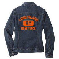 Long Island Ny Gym Style Distressed Amber Print Ladies Denim Jacket | Artistshot