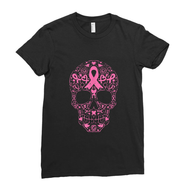 Sugar Skull Pink Ribbon Calavera Breast Cancer Awareness Ladies Fitted T-Shirt by duniaperi | Artistshot