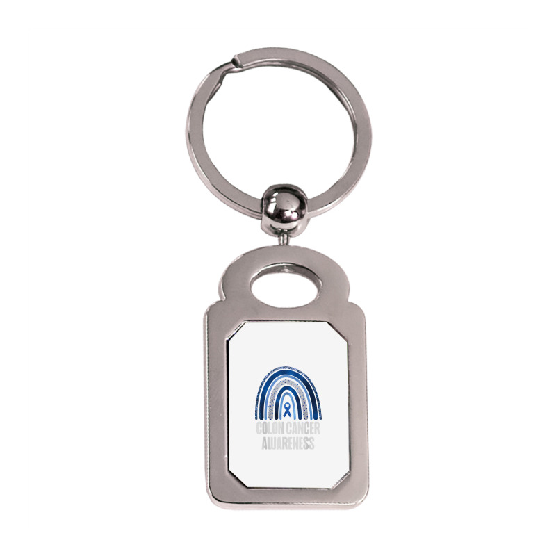 Colon Cancer Awareness Blue Ribbon And Rainbow Trending T Shirt Silver Rectangle Keychain | Artistshot