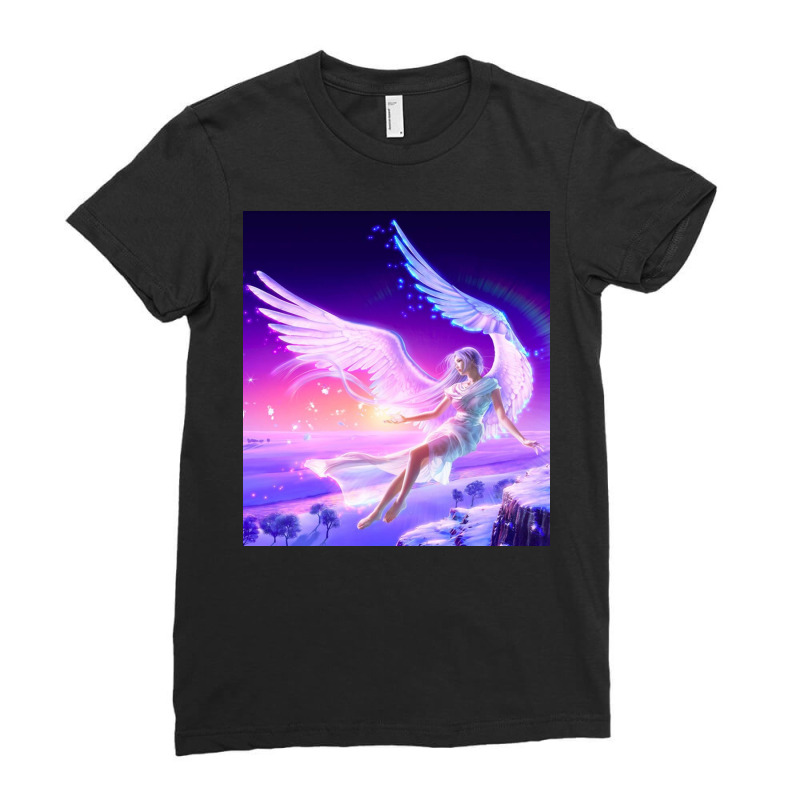 Girl Flying Angel Wings Lights Drawing Fantasy Ladies Fitted T-Shirt by RamaArt | Artistshot