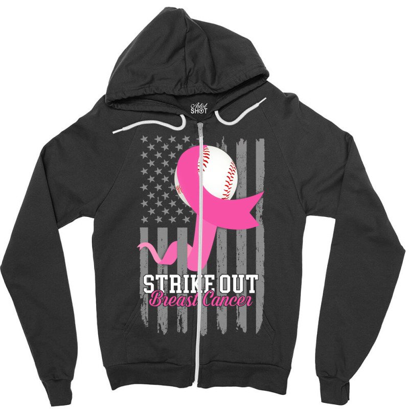 Breast Cancer Strike Out Baseball Flag Cancer Survivor Awareness Zipper Hoodie by circularflap | Artistshot