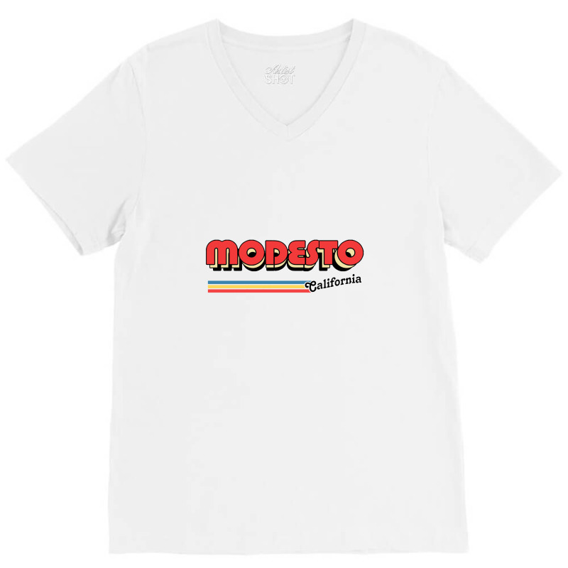 Modesto, Ca Retro Typography Design V-neck Tee | Artistshot