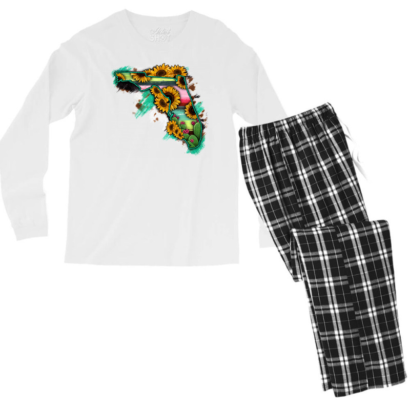 Florida Map With Sunflower And Serape Cactus Men's Long Sleeve Pajama Set | Artistshot