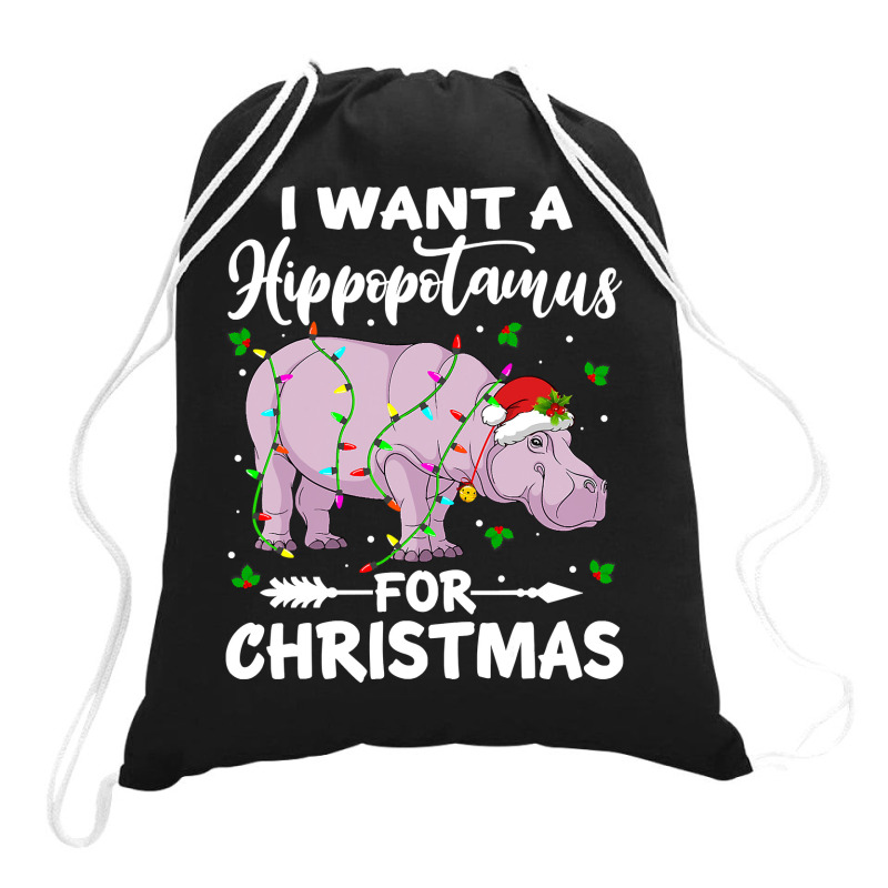 Hippopotamus I Want A Hippopotamus For Christmas Lights Hippo Xmas Paj Drawstring Bags | Artistshot