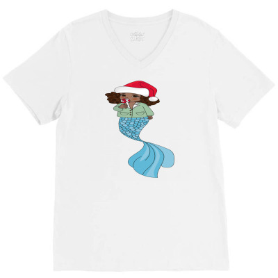 Merry Xmas Cute Black Mermaid Santa Hat Ugly Christmas V-neck Tee Designed By Nisart