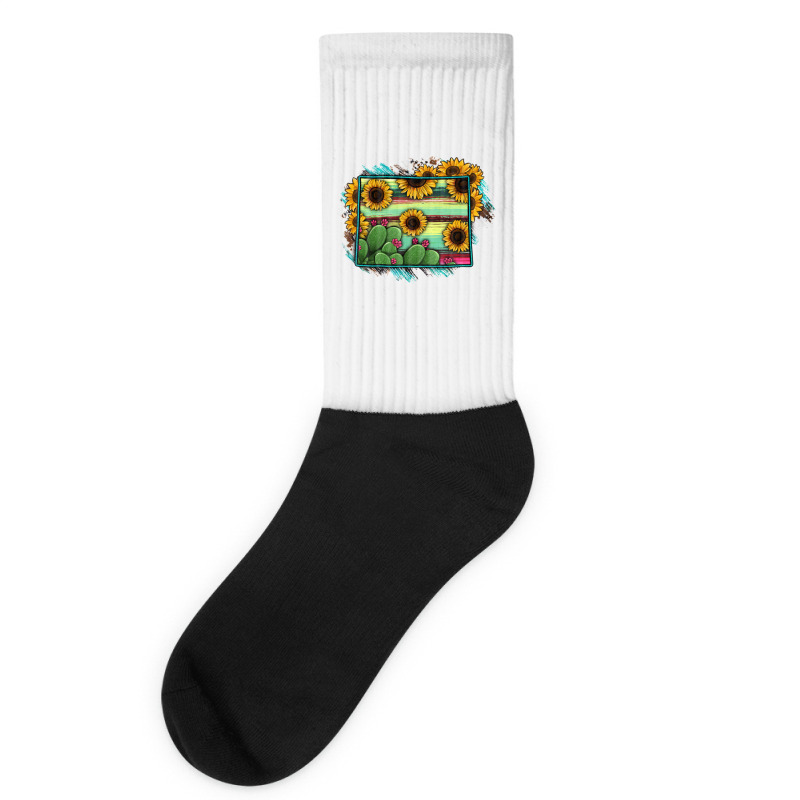 Wyoming Map Sunflower Cactus Serape Socks | Artistshot