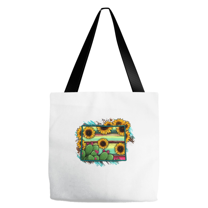 Wyoming Map Sunflower Cactus Serape Tote Bags | Artistshot