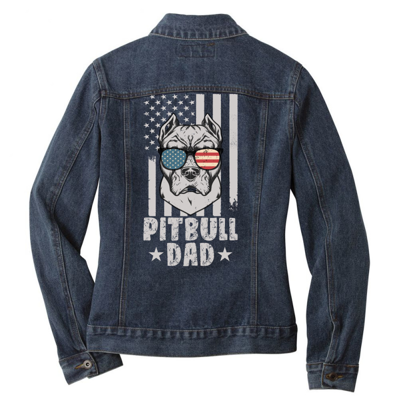 Mens Pitbull Dad American Usa Flag | Pitbull Dog Lovers Ladies Denim Jacket by John Phillips | Artistshot