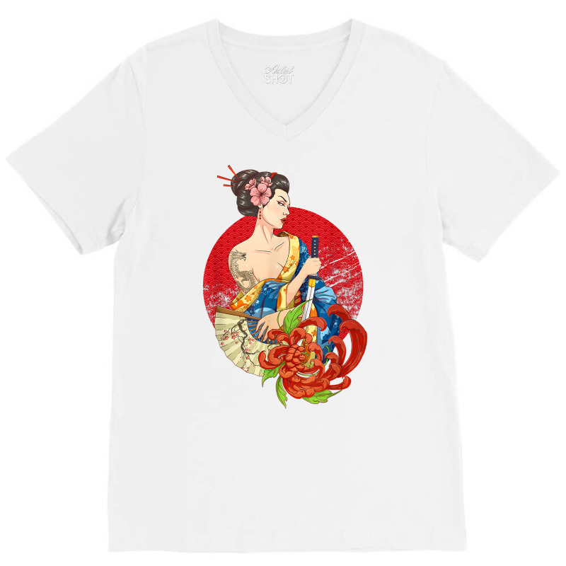 Geisha Girl Katana Sword And Tattoo Of Dragon Japanese T Shirt V-Neck Tee by alayziahollars | Artistshot