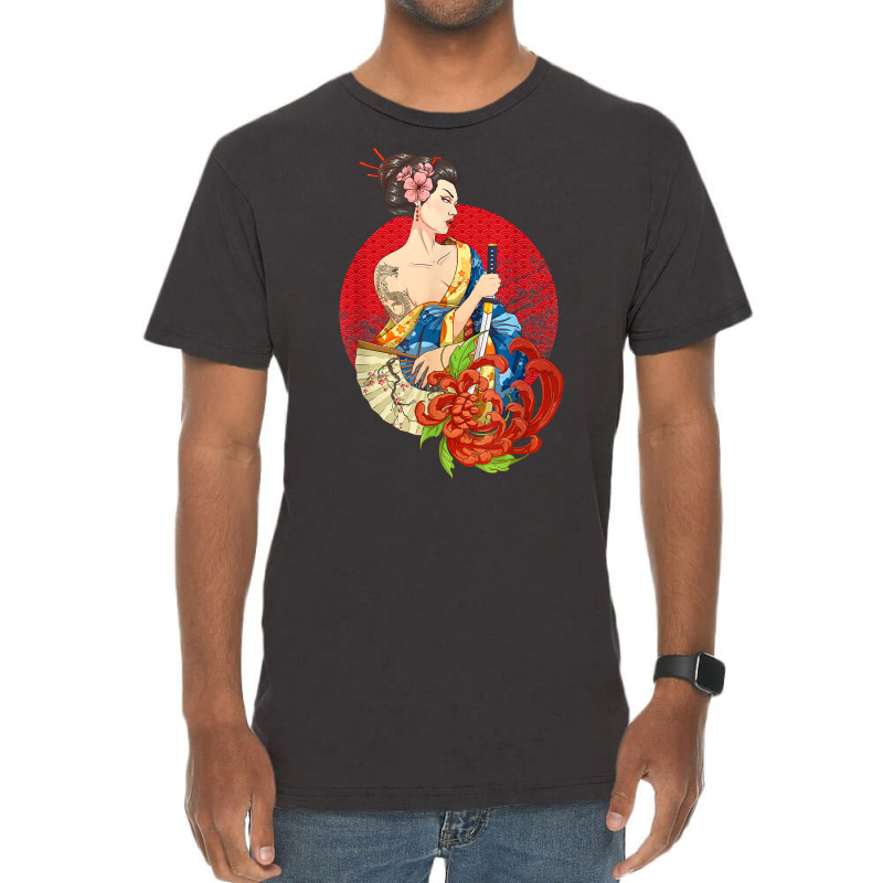 Geisha Girl Katana Sword And Tattoo Of Dragon Japanese T Shirt Vintage T-Shirt by alayziahollars | Artistshot