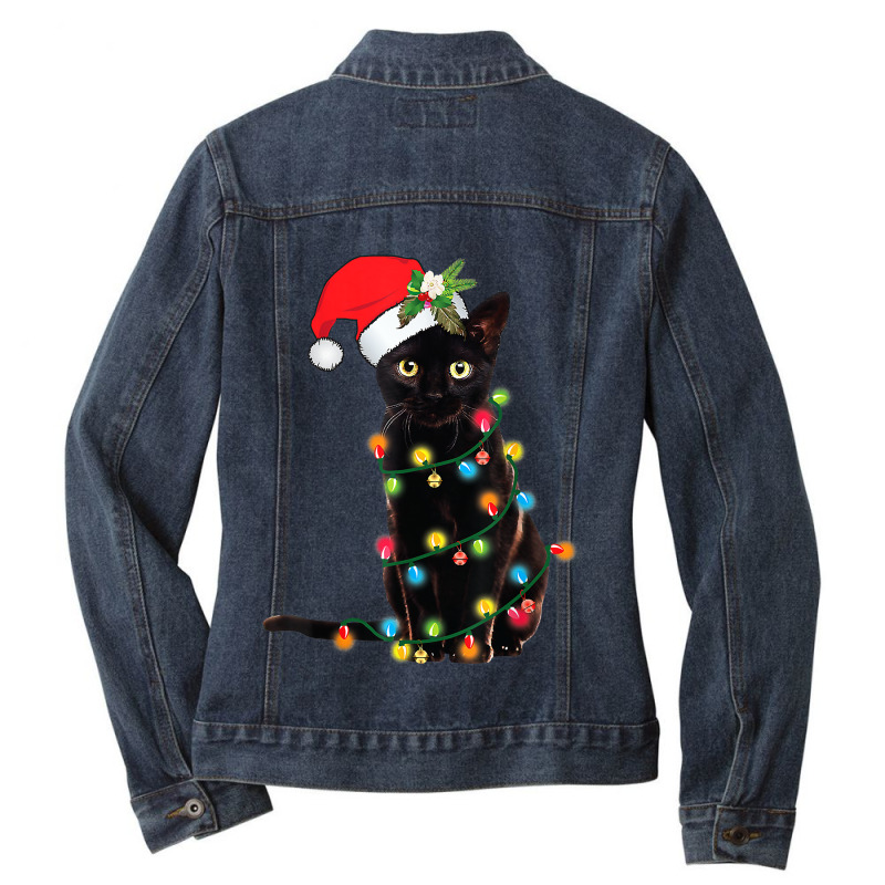 Cat Santa Black Cat Up In Christmas Tree Lights Holiday35 Ladies Denim Jacket by hopelessoon | Artistshot