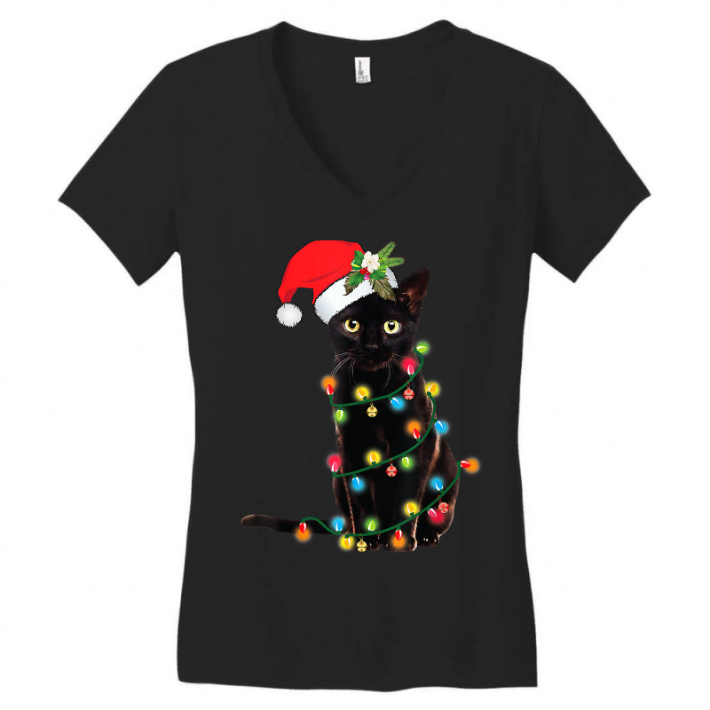 Cat Santa Black Cat Up In Christmas Tree Lights Holiday35 Women's V-Neck T-Shirt by hopelessoon | Artistshot