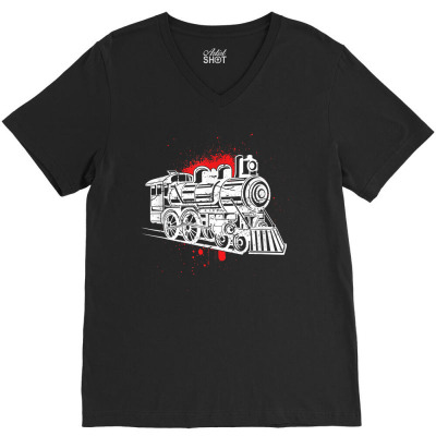 Steam Engine Locomotive Track Train Art Paint Splatter T Shirt V-neck Tee Designed By Bshameman