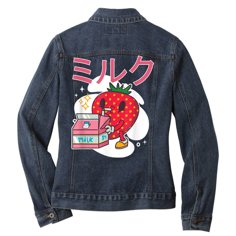 Retro 90's Japanese Kawaii Strawberry Milk Milkshake Carton T Shirt Ladies Denim Jacket by alayziahollars | Artistshot