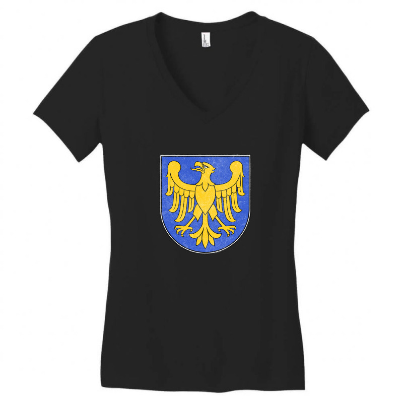 Vintage Faded Distressed Style Poland Silesian Voivodeship Flag Women's V-Neck T-Shirt by oragumun | Artistshot