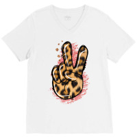 Pink Glitter Leopard Peace Sign V-neck Tee | Artistshot