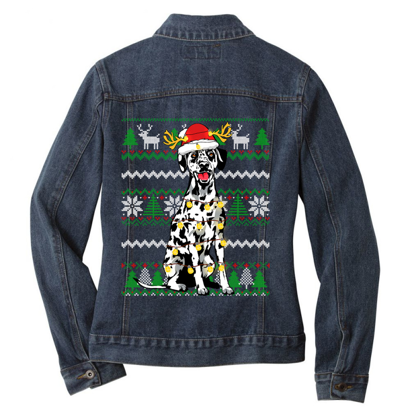 Dalmatian Dog Christmas Lights Xmas Matching Family Dog Lover 16 Dog L Ladies Denim Jacket by hopelessoon | Artistshot