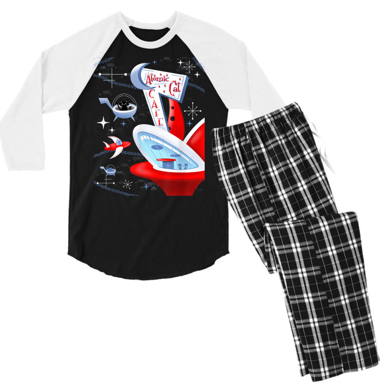 Funny Atomic Cat Cafe Retro Futuristic Spaceport Mid Century T Shirt Men's 3/4 Sleeve Pajama Set | Artistshot